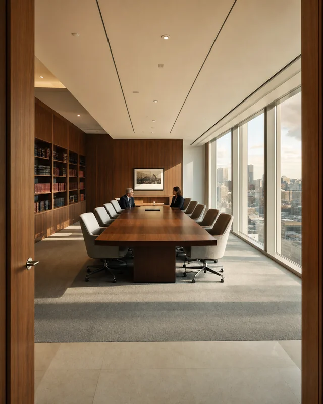 A spacious law office with two attorneys seated at the far end of a walnut conference table.